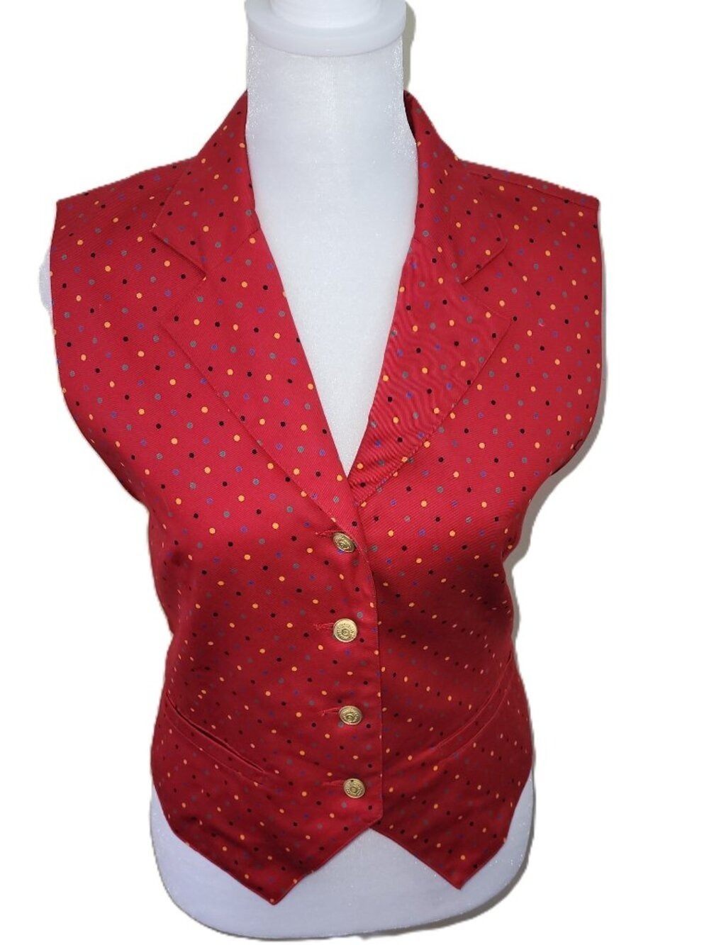 Lizsport Vintage Red Multicolored Dot Vest Collared With Gold Buttons Size 4P